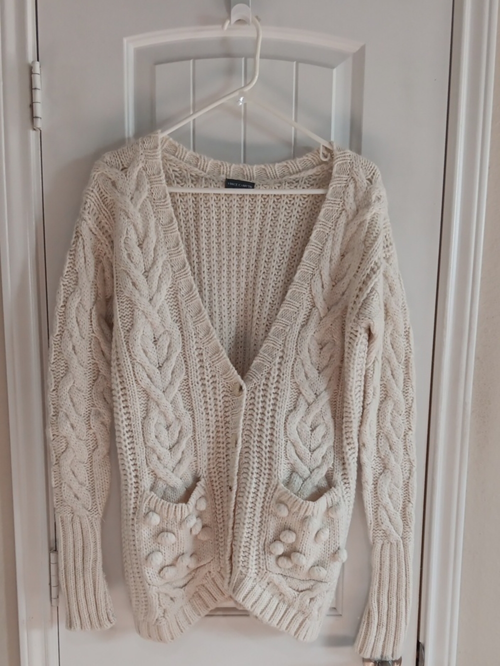Vince Camuto Petite Chunky Cable Knit Pom Pom Cardigan Cream Sz P 20"x30"